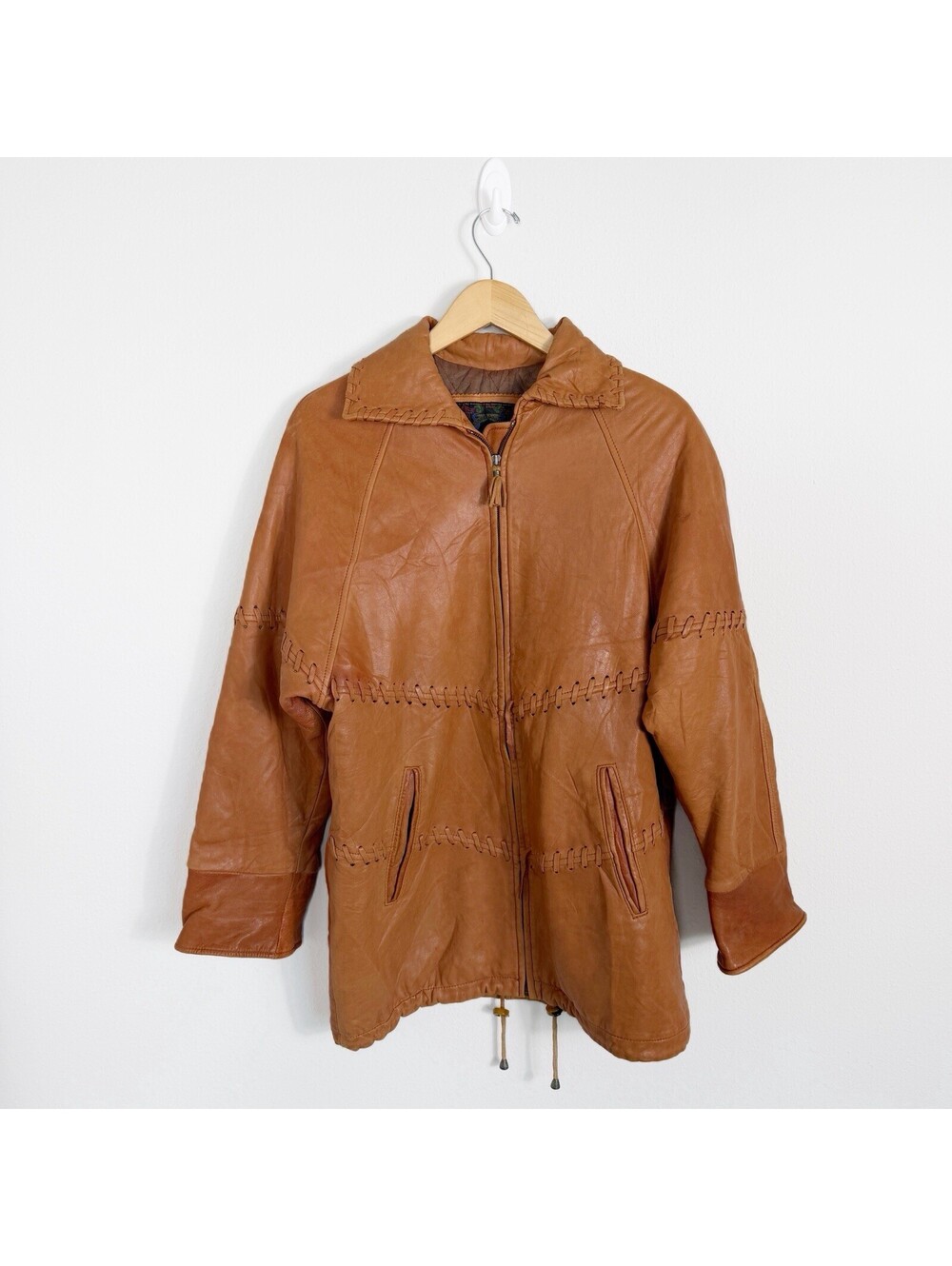 Vintage Womens Brown Real Leather Western Coat Jacket Whipstitch Size Small